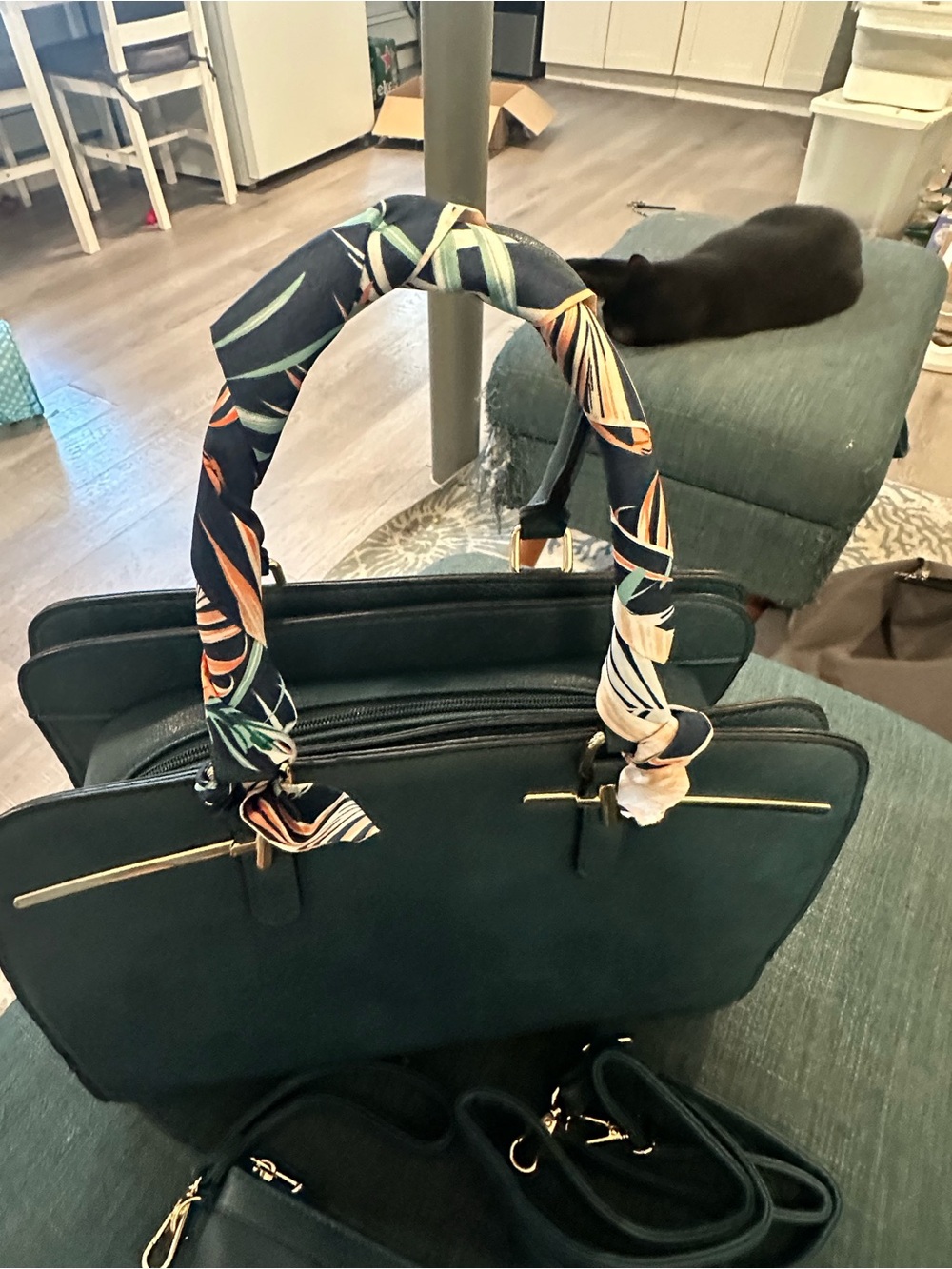 Elegant Dark Green Women's Satchel with Patterned Scarf Accent